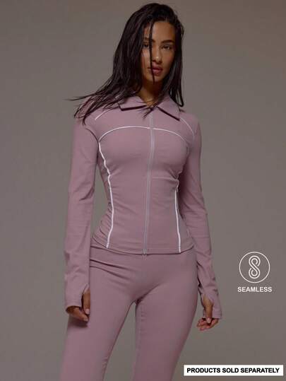 Musera Sport Collard Longline Contrast Ribbed BBL Zip Jacket Active Sport Workout Gym Pilates Fitness Daily Casual Smoky Quartz