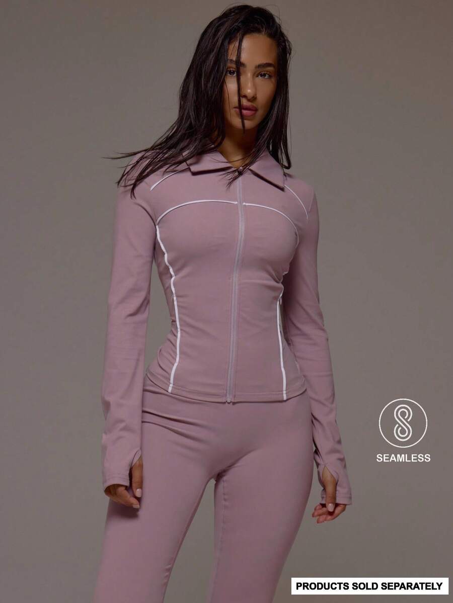 Musera Sport 翻领长款撞色罗纹 BBL 拉链夹克 运动健身健身房普拉提日常休闲烟晶色 - 淺灰紫 - 查看 1