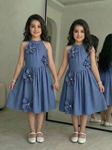 Elladie kids 灰蓝色缀饰花卉无袖连体裤，宽松版型，适合年轻女孩休闲外出、短途通勤和与朋友聚会穿着。 - 藍色 - 查看 2