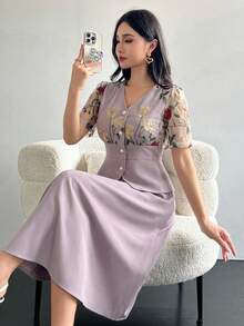 DAZY 女士优雅刺绣花卉拼接衬衫和半裙两件套，春夏款 - 淡紫色 - 查看 4