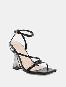 Glitzique 方头水晶高跟鞋，条纹带性感优雅时尚高跟女士凉鞋 - 黑色 - 查看 8