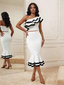 Anewsta 女士新款性感修身褶皱长灯笼袖绷带优雅派对连衣裙，白色荷叶边鸡尾酒礼服 - 白色 - 查看 4