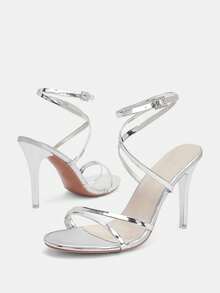 Glitzique 2025年夏季新款性感单扣交叉带凉鞋女款蛇形环绕露趾高跟鞋 - 銀色 - 查看 6