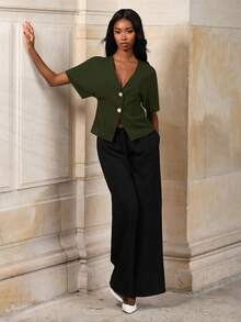 Mima John Elegant Bat Wing Sleeve Double-Breasted Buttoned Solid Color Casual Shirt - Army Green - View 3