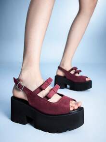 Sugerpunk Women's Punk Style Y2K Casual Streetwear Hollow Out Suede Platform Wedge Sandals, Gothic Retro Bowknot Heel Crystal Buckle Strap Design Roman Gladiator Chunky Heel Peep Toe Party Nightclub Festival Comfortable Slip-On Shoes 2000s Style Summer Shoes Y2K - Burgundy - View 1