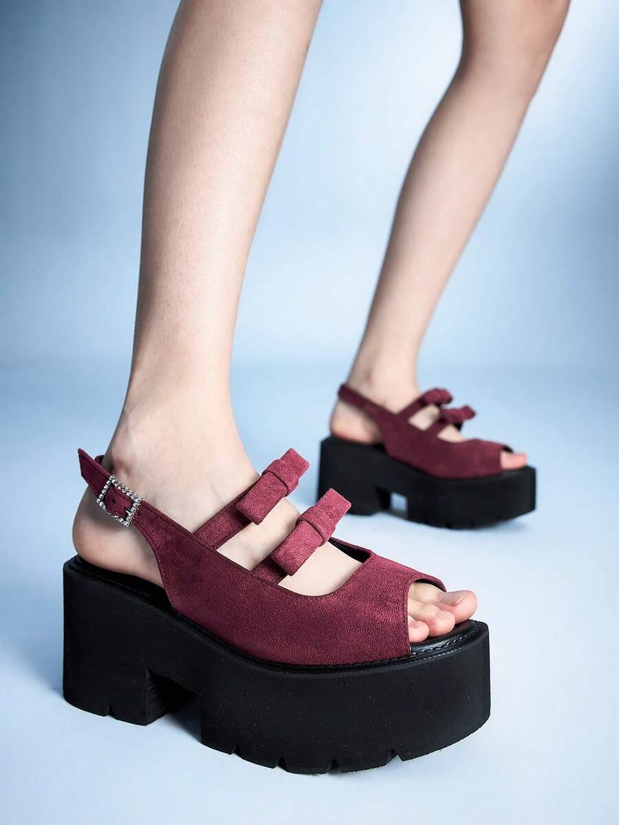 Sugerpunk Women's Punk Style Y2K Casual Streetwear Hollow Out Suede Platform Wedge Sandals, Gothic Retro Bowknot Heel Crystal Buckle Strap Design Roman Gladiator Chunky Heel Peep Toe Party Nightclub Festival Comfortable Slip-On Shoes 2000s Style Summer Shoes Y2K - Burgundy - View 1