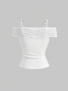 ROMWE J-Fashion 夏季女士休闲波点拼接露肩吊带背心 - 白色 - 查看 2
