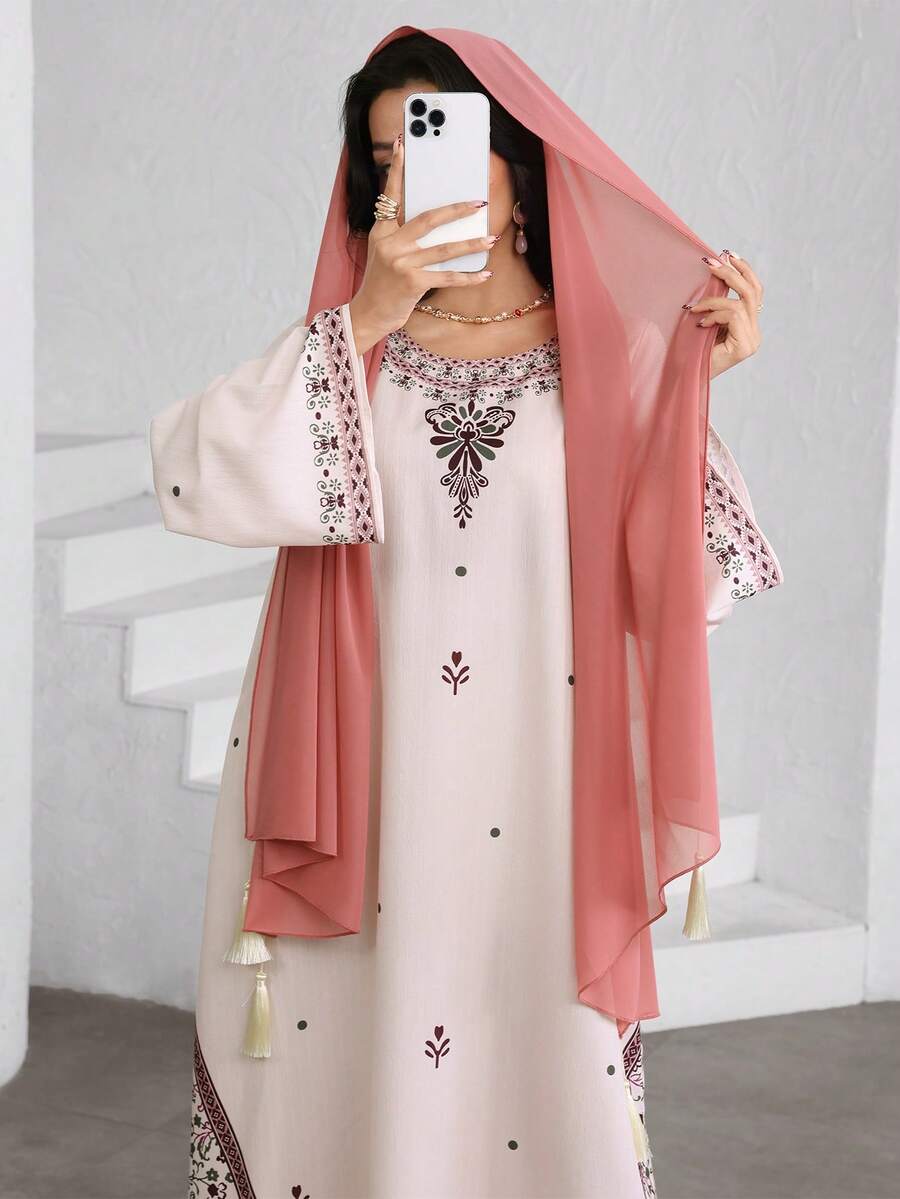 Al Najma 优雅印花喇叭袖连衣裙，配流苏头巾 - 粉色 - 查看 1