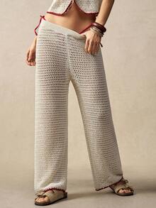 Bohemela Women's Casual Hollow-Out Knit Sweater & Pants Set - Red and White - View 3