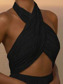 CAJUNI Women's Vacation Solid Color Criss-Cross Hollow Out Sexy Halter Dress,Summer Dresses For Women - Black - View 3