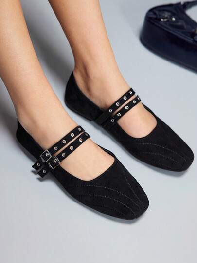 CUCCOO GRLICON 女士铆钉装饰搭扣平底乐福鞋