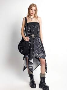 Bloopia 女士休闲复古字母印花A字裙，春夏款 - 黑色 - 查看 7