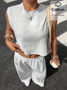 SHEIN Muchic 灰色针织女式休闲背心和裤子套装 - 淺灰色 - 查看 5