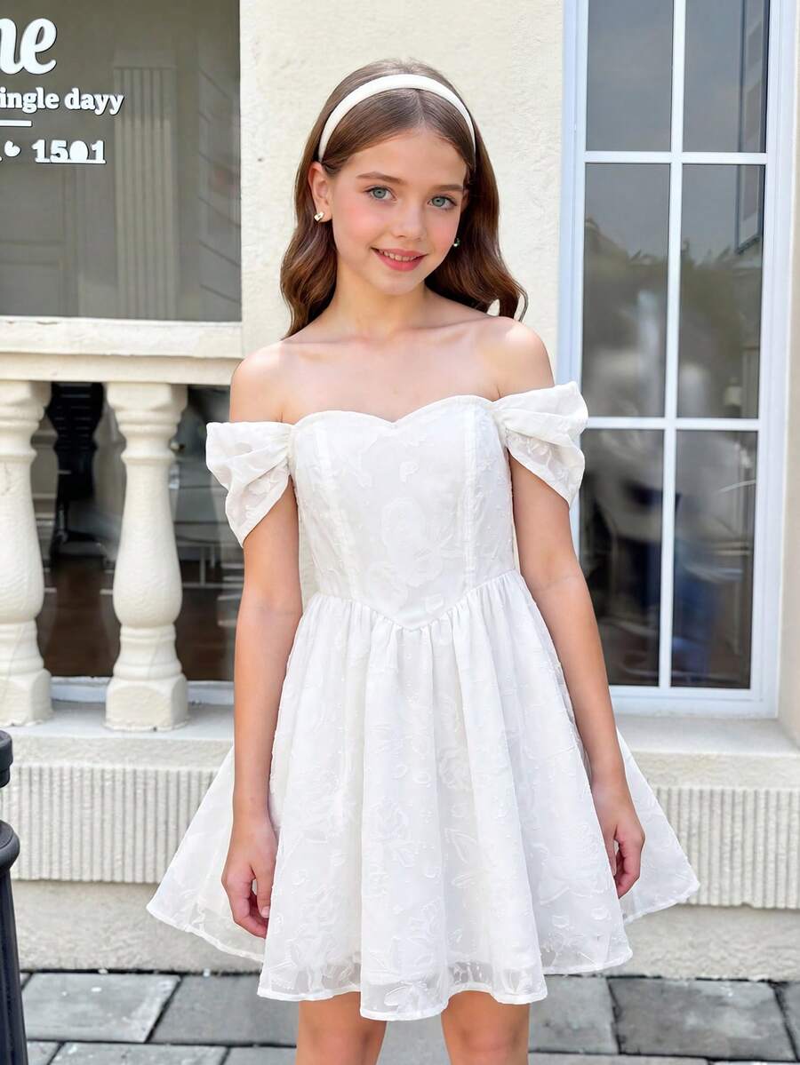 SHEIN Serisse Kids 白色少女连衣裙，优雅露肩设计，适合青少年穿着，可用于返校、生日派对、晚宴、演出、婚礼、洗礼、开幕式、学校活动、旅行、万圣节、毕业舞会、音乐会、圣诞节、新年等场合。 - 白色 - 查看 1