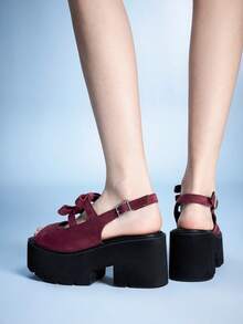 Sugerpunk Women's Punk Style Y2K Casual Streetwear Hollow Out Suede Platform Wedge Sandals, Gothic Retro Bowknot Heel Crystal Buckle Strap Design Roman Gladiator Chunky Heel Peep Toe Party Nightclub Festival Comfortable Slip-On Shoes 2000s Style Summer Shoes Y2K - Burgundy - View 5