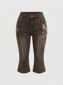 ROMWE Fairycore Quần jean lửng nữ kiểu retro Y2K mùa hè, thêu hình bướm và đính sequin. - Nhiều màu - Xem 2