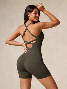 OutZeal Women Sports Jumpsuit Cycling Gym Outfit Tummy Control Sweat Wicking Bra-In Backless Design - Army Green - View 7