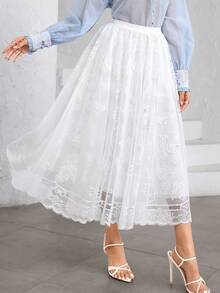 Modelyn White Elastic Waist Lace Women's Loose A-Line Skirt - White - View 6