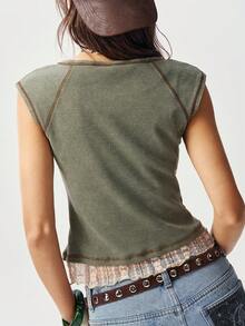 Bohemela Casual Knit Contrast Lace Slim Fit Women T-Shirt - Multicolor - View 8