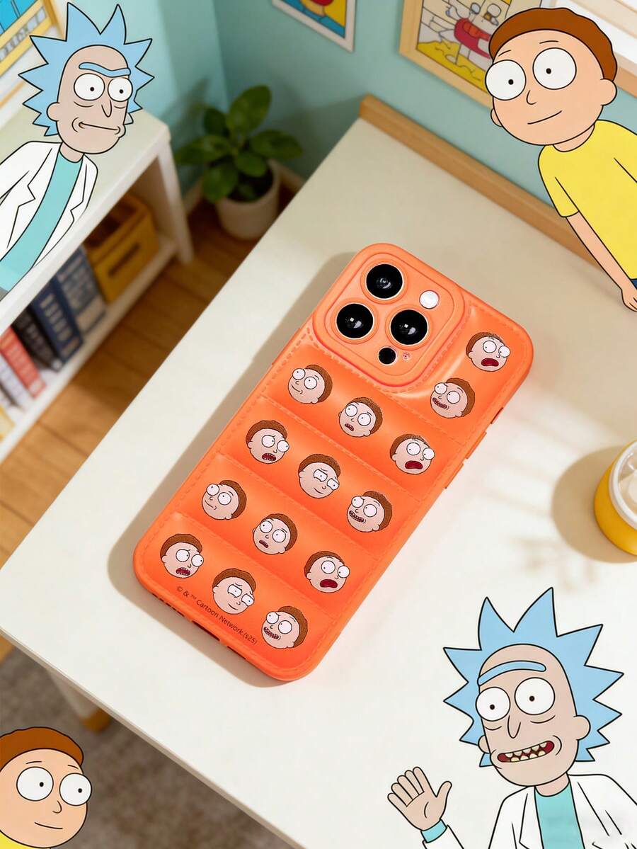Rick and Morty X SHEIN 瑞克和莫蒂手机壳 | 橙色羽绒服手机壳,印有莫蒂搞笑表情,防震绗缝保护套,兼容iPhone,兼容iPhone 17/iPhone 17 Pro/iPhone 14/iPhone 16/iPhone 16 E等机型。快速发货 - 橘色 - 查看 1