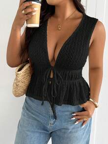 Lounesse Plus Size Summer Casual Solid Color Textured Tie-Up Camisole - Black - View 4