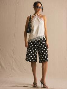 MUSERA 长款波点百慕大短裤，春夏舒适可爱日常少女度假春季穿搭休闲复活节 Casa De Muse - 黑與白 - 查看 4