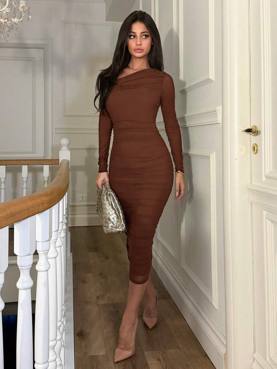 Ronhire 女士秋季褶皱网纱优雅约会派对中长连衣裙,修身长袖 - 棕色 - 查看 1