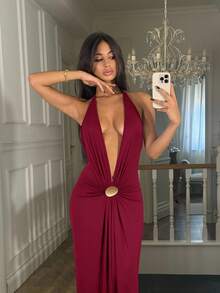 Ronhire 女士纯色针织露背连衣裙 - 酒紅色 - 查看 6