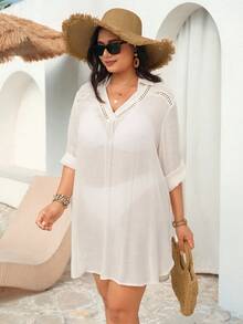 SHEIN Swim Curve New Apricot Color Shirt Dress, Vacation Style With Side Slit And Long Sleeves - Apricot - View 5