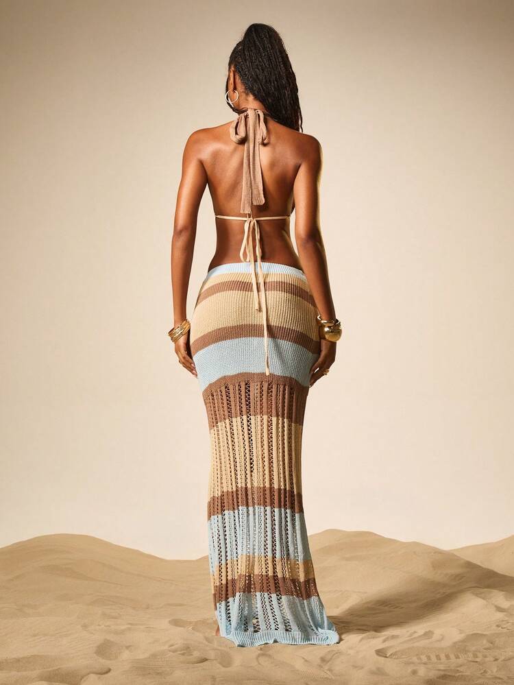 MISSGUIDED Conjunto de Cropped Halter Listrado e Saia Longa Maxi Coordenado, Suéter de Tricô, Conjunto de Duas Peças, Verão, Praia, Férias, Festival, Boho, Crochê, Franjas