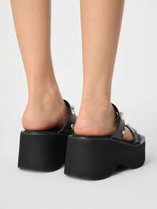 Sugerpunk Women's Black Rhinestone Wedge Platform Slide Sandals - Black - View 5