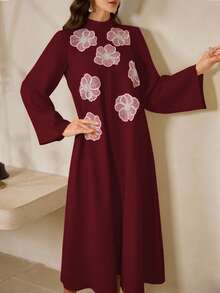 Al Najma Gaun Arab Elegan Lengan Panjang Kerah Tegak Motif Bunga untuk Wanita - Merah - View 5