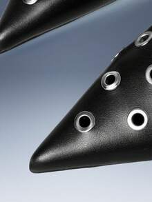 CUCCOO GRLICON Black Pointed Patent Leather Eyelet Design Kitten Heel Empty Women's Shoes - Black - View 3