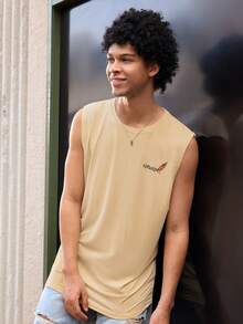 Open Phase Men's Casual Round Neck Coconut Tree & Surfing Print Tank Top, Suitable For Beach Vacation And Daily Wear, Summer - Apricot - View 7