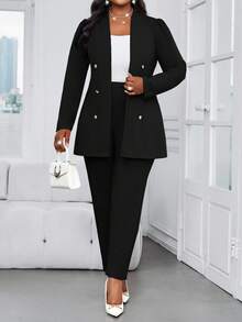 SHEIN Lady 大码秋冬优雅通勤办公黑色针织立领金色纽扣长袖套装 大码仿皮草外套 正式场合 - 黑色 - 查看 1