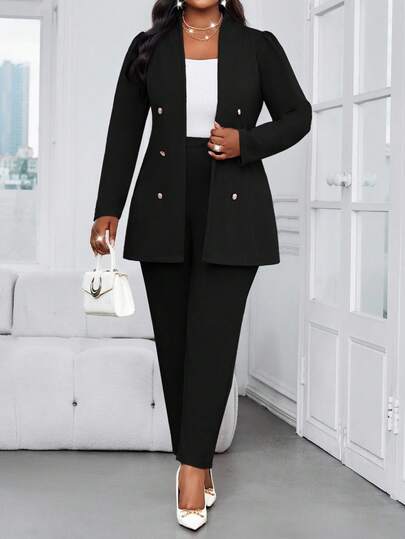 SHEIN Lady Plus Size Autumn And Winter Elegant Commuting Office Black Knitted Stand Collar Gold Button Long Long Sleeve Plus Size Co-Ords Plus Size Faux Fur Coats Formal  Curve Co-Ords Mother's Day Black Pant Suit For Women Business Suit Set For Women Plus Size Suits For Women Black Suits For Woman Set Plus Size Office Wear