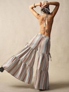 Bohemela 女士休闲轻松夏日风，完美适用于外出、度假、海滩、波西米亚乡村音乐节等场合。花卉提花条纹亚麻宽松喇叭阔腿裤，尽显自由自在的时尚风格，是沙滩装、夏季度假装的理想之选。 - 彩色 - 查看 12