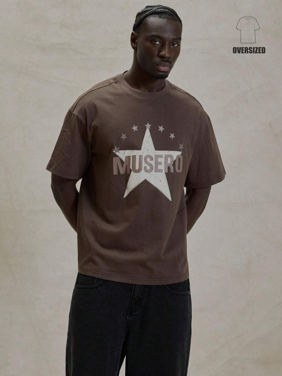 Musero Short Sleeve Crew Neck Oversized Dropped Shoulder Graphic Star Print Tshirt Spring Summer Essentials - Coffee Brown - View 1