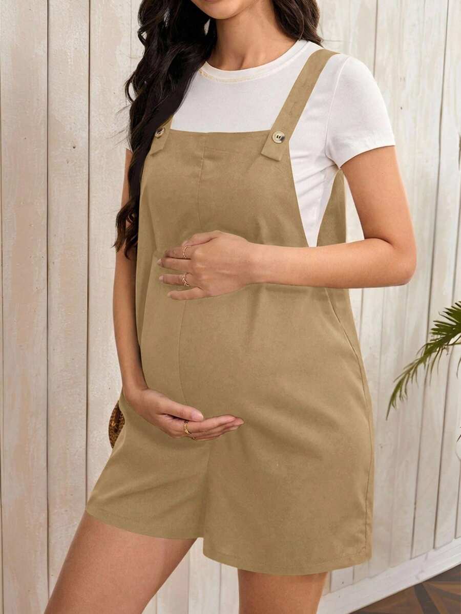 SHEIN 孕妇纯色休闲日常连体衣 - 卡其色 - 查看 1