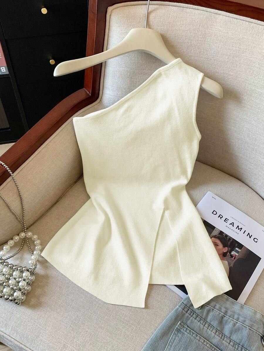 EMERY ROSE Women's Solid Color Sleeveless Tank Top With Side Slit Hem - Beige - View 1