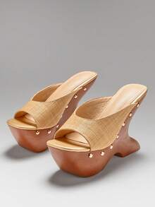 SHUZIA Women Chunky Wedge Heeled Everyday Vacation Cute Elegant PP Raffia Sandals - Beige - View 5