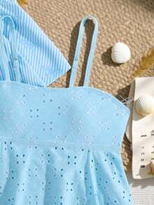 2件套女童蝴蝶结印花上衣，荷叶边下摆，提花面料半身裙 - 彩色 - 查看 4