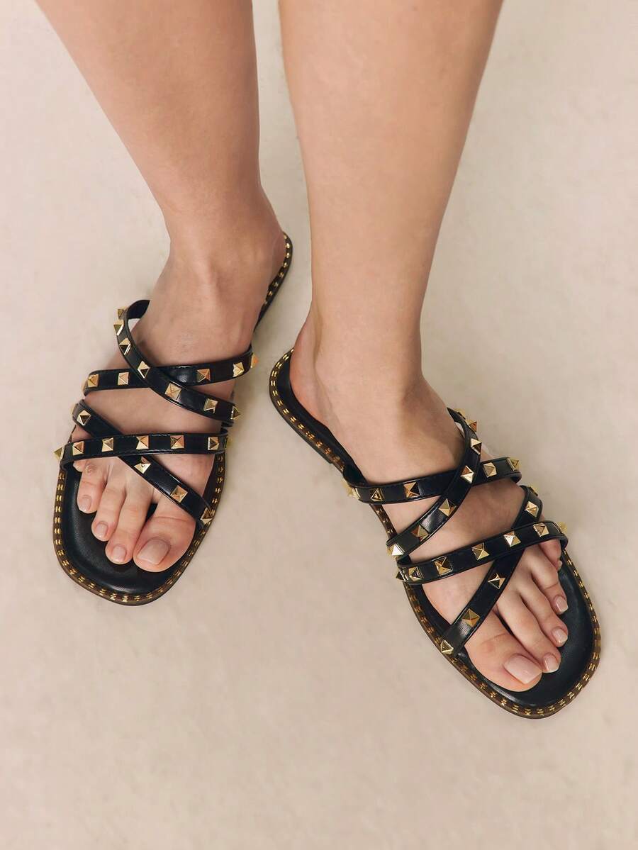 Styleloop Dép đế bằng mùa hè thời trang mới, đa năng, kiểu dáng đinh tán, giày nữ đi biển, nghỉ mát, phong cách bohemian, đồ không thể thiếu khi đi du lịch, trang phục mùa hè, không khí nghỉ dưỡng. - màu đen - Xem 1