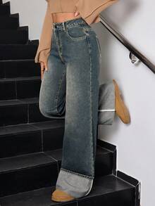 SHEIN Tall 冬季女款休閒水洗復古時尚翻邊設計寬腿牛仔褲，適合高個女性 - 中等水洗藍 - 查看 7