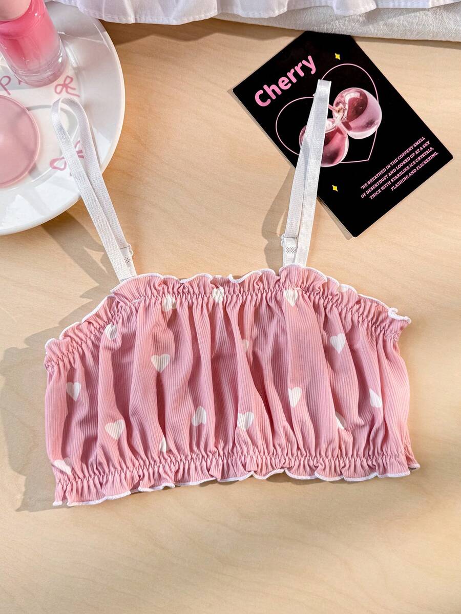 1pc Ribbed Heart Print Ruffle Trim Ladies' Wireless Bra - Multicolor - View 1