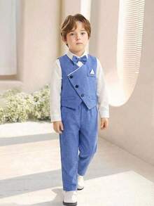 SHEIN 三件套男童绅士套装：蓝色松紧腰背心、斜襟长袖衬衫和领结，适合春夏穿着。 - 藍色 - 查看 2