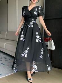 DAZY 女士优雅花卉亮片V领花瓣袖褶皱中长连衣裙，夏季婚礼宾客礼服，女士吊带裙 - 黑色 - 查看 6