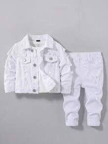 SHEIN Conjunto de 2 piezas para bebé niño: Chaqueta vaquera blanca casual y linda con efecto desgastado y desgarrado de manga larga, y jeans de alta elasticidad, versátil para ropa de otoño y atuendos para exteriores de bebé niño - Blanco - Ver 10