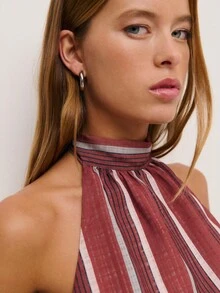 Nöista Halter Top With A Vertical Striped And A High Neckline. Dark Brown Rib Waist. Summer, Boh, Spring, Woman. - Rust Brown - View 7