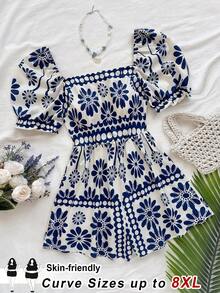 SHEIN CURVE+ Curve 尺码 US22 音乐节、海滨度假、波西米亚风女士复古蓝白碎花方领泡泡袖腰带阔腿连体裤，假日蓝白碎花连体裤 - 藍白色 - 查看 7